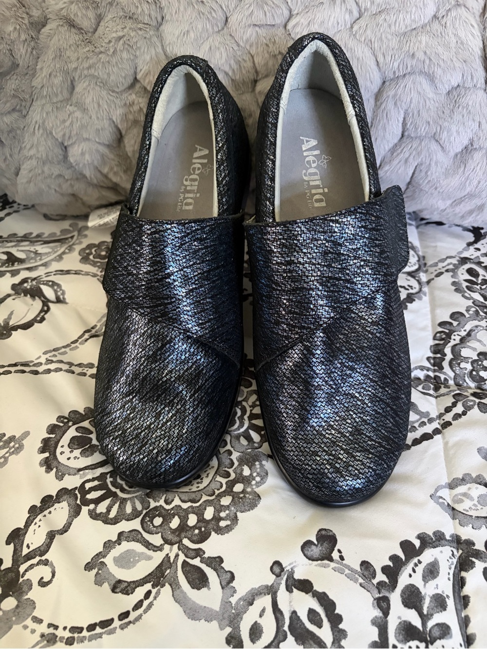 Alegria Metallic Black/Navy Crossover Slip-On Shoes